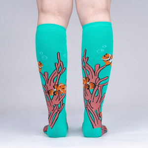 Back view of the 'Friends with Benefish' knee-high socks, showcasing the full design on a light grey background.