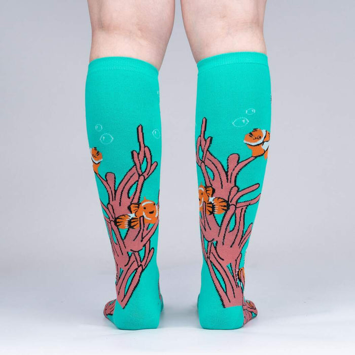 Back view of the 'Friends with Benefish' knee-high socks, showcasing the full design on a light grey background.