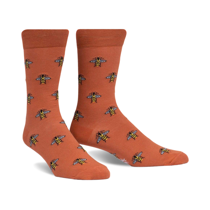 orange crew socks with brown and yellow bees; men's size.  