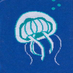 Detailed close-up of the jellyfish design on the 'Nice to Sea You' socks; showcasing the knit texture and colors.