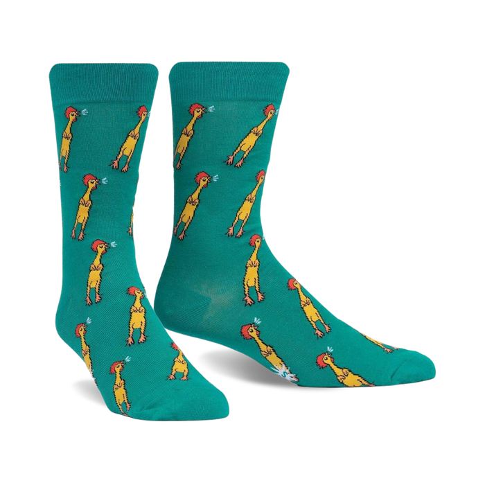 bright teal crew socks with yellow rubber chicken pattern. men's, soft, stretchy, ribbed cuff.  