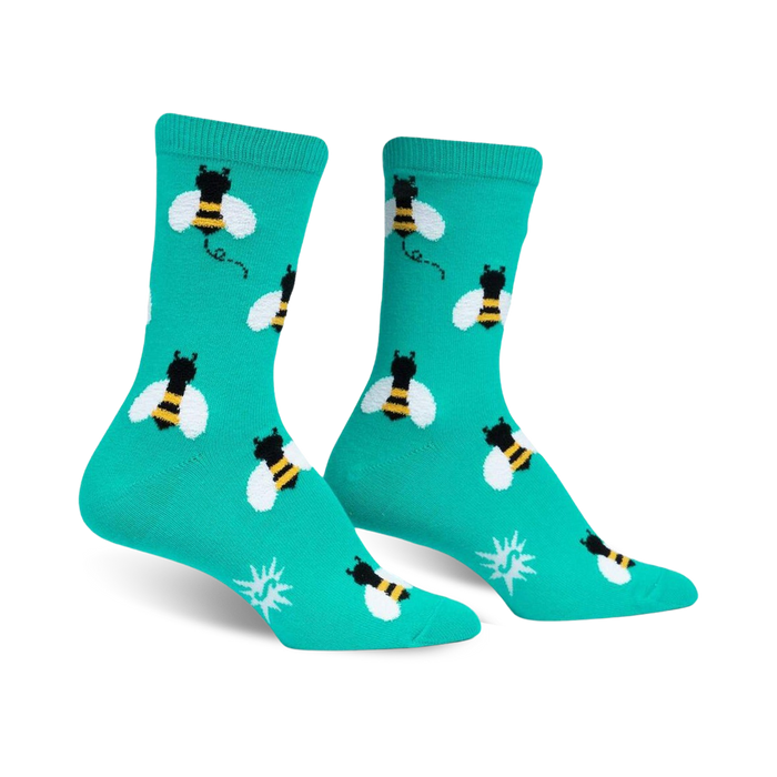 teal crew socks with black and yellow cartoon bees; pattern includes white wings; great for women.  