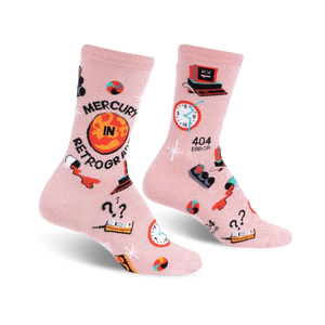 women's crew socks with a geeky theme featuring celestial motifs, computer icons, and 