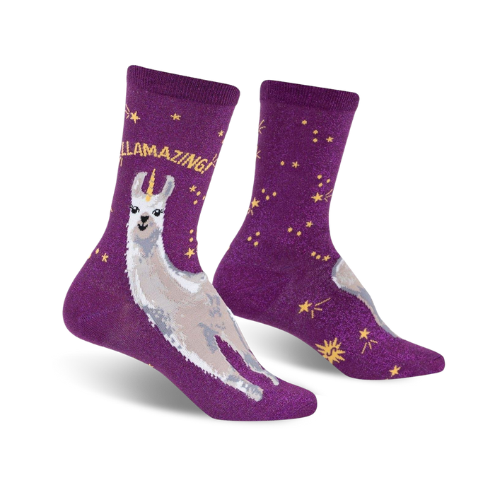 multicolored crew socks for women featuring a llama wearing a unicorn horn on a sparkly purple background with shooting stars and the word 