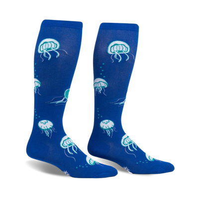 Pair of blue knee-high socks with a whimsical jellyfish pattern.  Features teal accents and glows in the dark!