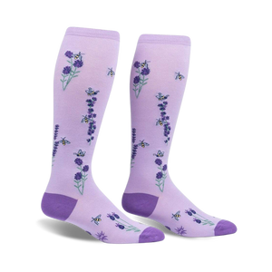 Pair of purple knee-high socks with a lavender and bee design.  Features small lavender sprigs and busy bees on a light purple background.
