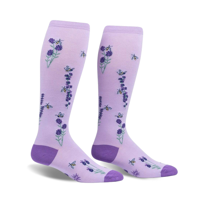 Pair of purple knee-high socks with a lavender and bee design.  Features small lavender sprigs and busy bees on a light purple background.