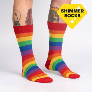 A pair of red and rainbow striped socks on a white background. The socks have a multicolored shimmer.