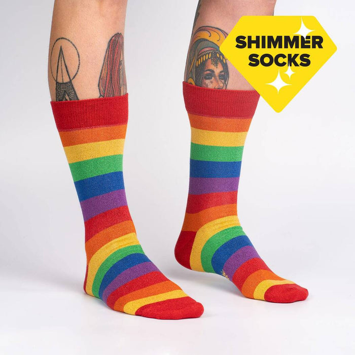 Lifestyle shot of a person wearing the rainbow shimmer socks, showcasing the fit and style.