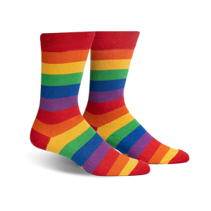Pair of rainbow crew socks.  Red, orange, yellow, green, blue, purple stripes with subtle shimmer.