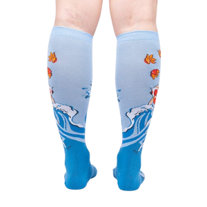 Rear view of a pair of 'Beauty in Water' knee-high socks, highlighting the full design detail on the back of the socks.