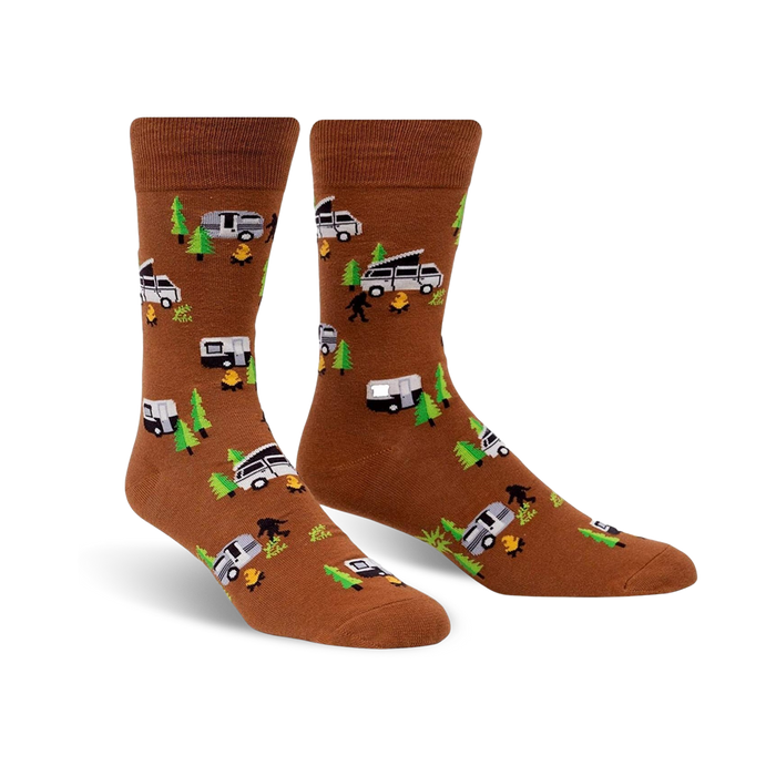 brown crew socks with white camper vans, green trees, and black bigfoot pattern for men.    }}