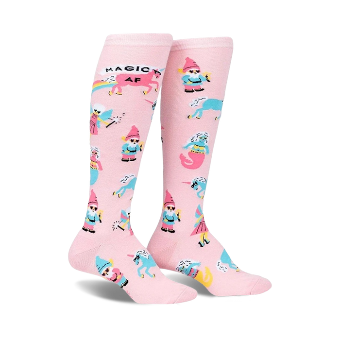 pink, knee-high socks feature magical creatures like unicorns, wizards, mermaids, and gnomes.    }}