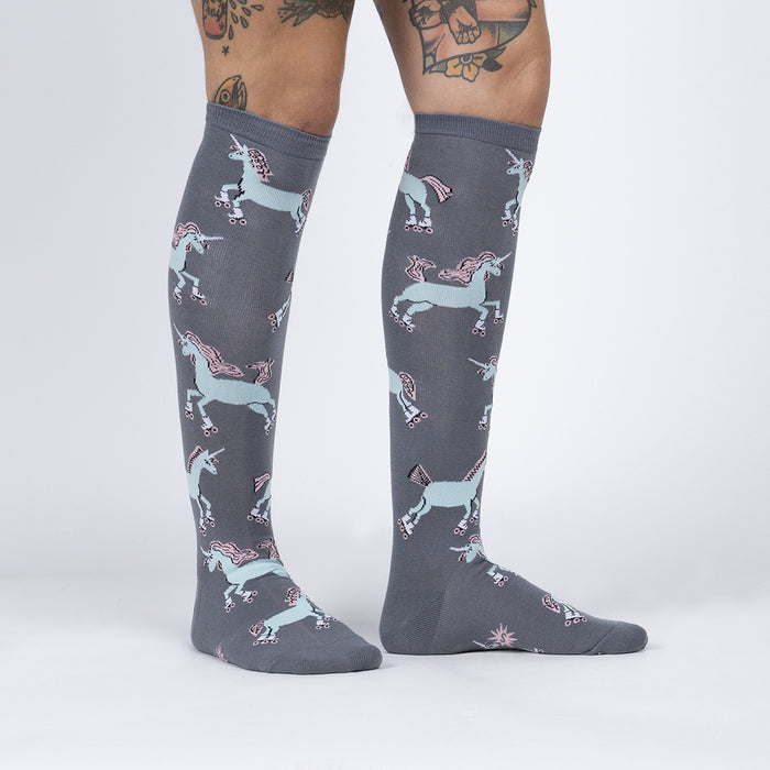 Gray knee-high socks with a pattern of roller-skating unicorns.