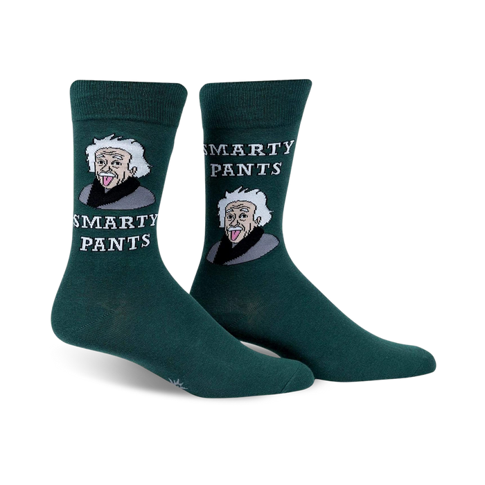 A pair of dark green crew socks. They feature a cartoon image of Albert Einstein sticking his tongue out and the text 'Smarty Pants'. }}
