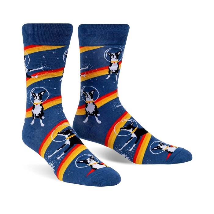 Crew socks in blue with a repeated pattern of Boston Terriers wearing astronaut helmets on a rainbow stripe in space. }}