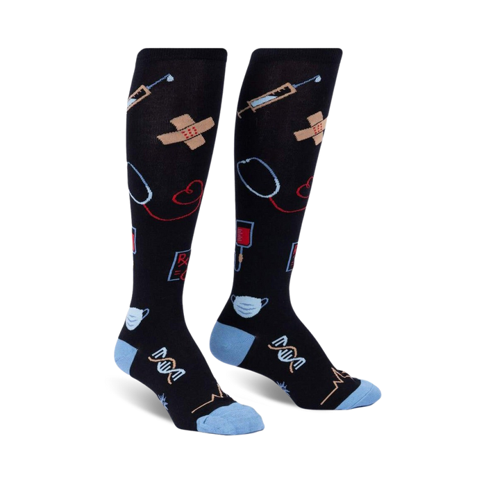 black knee-high women's socks with medical symbols pattern, blue toe/heel.  