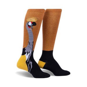 Pair of knee-high socks; gold shimmer, black and mustard yellow accents; crowned crane graphic.