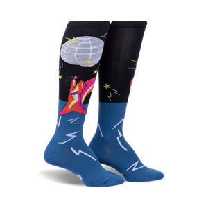 Pair of knee-high socks; black and blue with a dancing squirrel, disco ball, and lightning bolt designs.