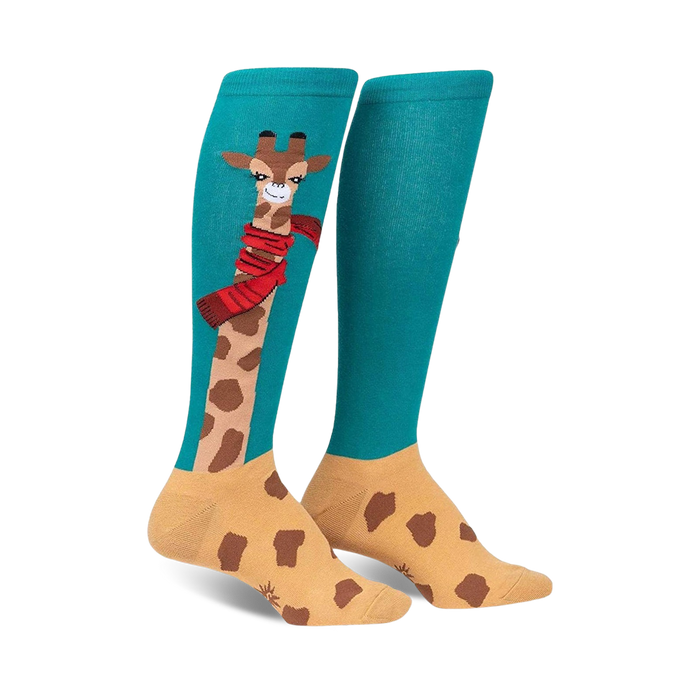 teal blue knee-high womens socks feature cute giraffe wearing a red scarf.    }}