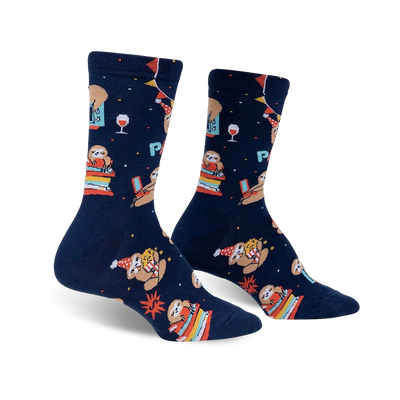Pair of navy blue crew socks featuring sloths celebrating with books, wine, and party hats. Red, orange, and yellow design elements.