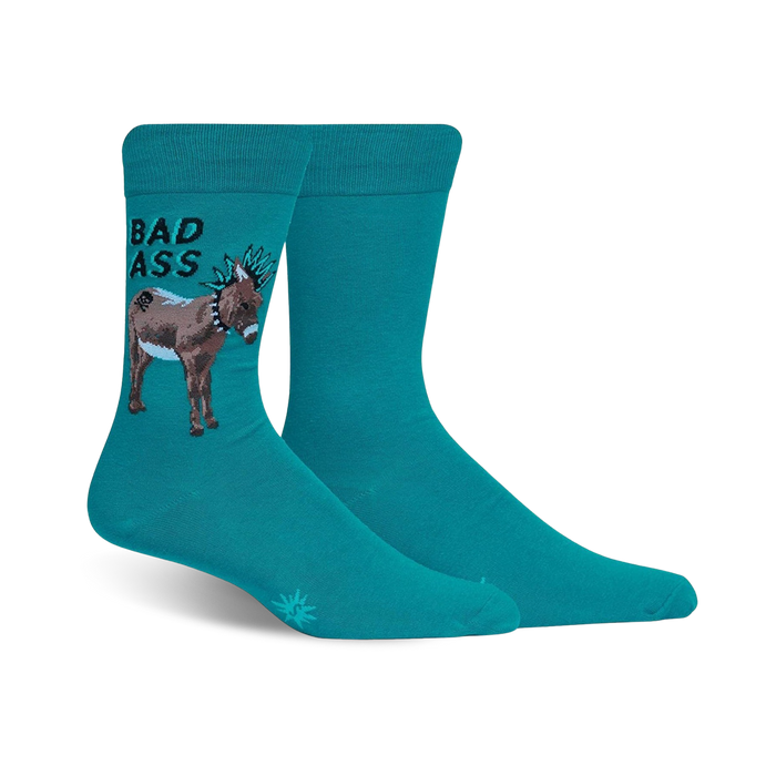Pair of teal crew socks. One sock shows a brown mohawked donkey with 'BAD ASS' written above it. }}