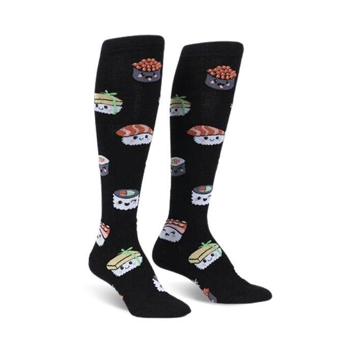 Pair of black knee-high socks with colorful, cute sushi illustrations. Features various types of sushi like maki and nigiri. }}