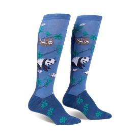 knee-high socks featuring a forest-inspired pattern of sloths, pandas, birds, and flowers.  