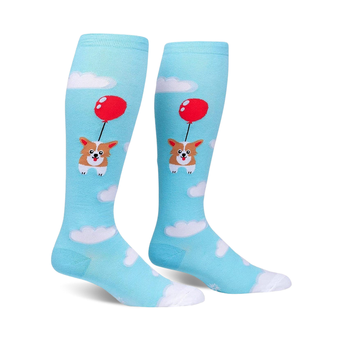 corgi dog themed knee high socks for women with clouds, balloons and confetti design.   }}
