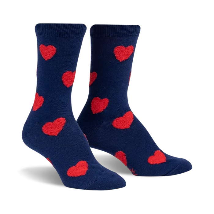 blue crew socks with red heart pattern, perfect for valentine's day.  