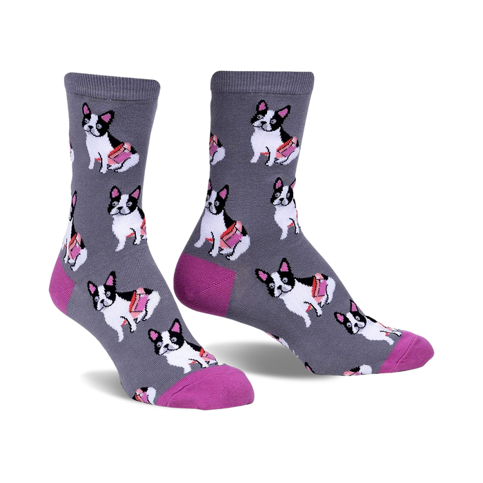 Gray crew socks with a repeating pattern of black and white French Bulldogs carrying pink treats. The socks have a fuchsia-colored heel and toe. }}