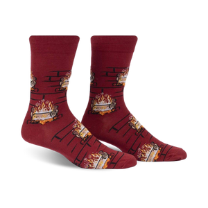 yule log socks: mens crew socks with burning log pattern and santa hats, perfect for festive holiday wear.  