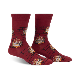 yule log socks: mens crew socks with burning log pattern and santa hats, perfect for festive holiday wear.  