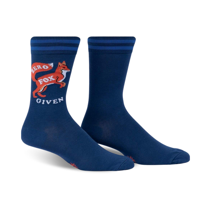 blue crew socks with an orange and white fox running and the text zero fox given