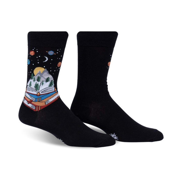 black crew socks featuring books with mountains, trees, stars, planets. 