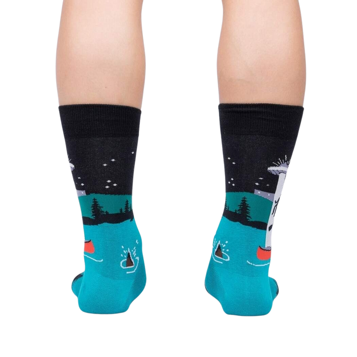 Rear view of the socks on a model's legs; showing the back design details.