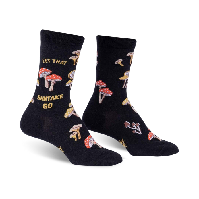 black crew socks with all-over wild mushroom pattern and 'let that shiitake go' phrase.   