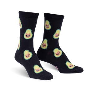  whimsical avocado socks with cute cat faces. black with all-over print. crew length, for women.  