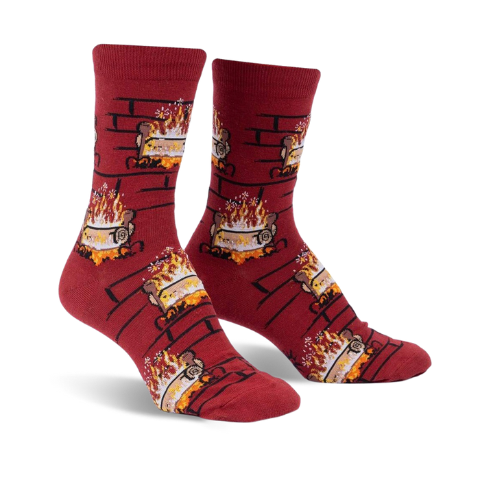 red crew-length women's yule log socks with a pattern of logs and flames.  