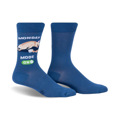 Pair of blue crew socks featuring a cream chihuahua graphic and 'Monday Mode On' text.