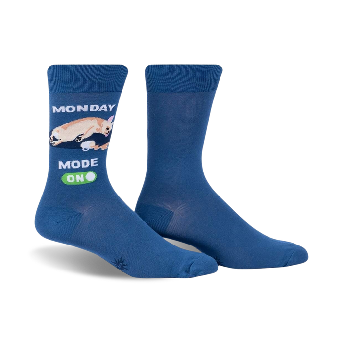 Pair of blue crew socks featuring a cream chihuahua graphic and 'Monday Mode On' text.
