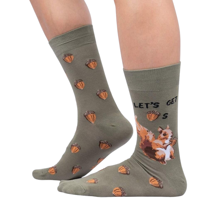 Lifestyle shot of a person wearing the 'Let's Get Nuts' socks. Shows how the socks look when worn.