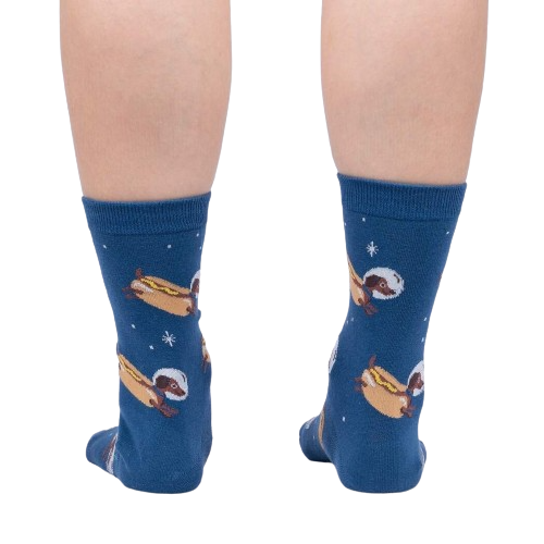 Back view of a person wearing the Weiner Dogs, In Space! Glow in the Dark socks.  Shows full sock pattern on both legs.