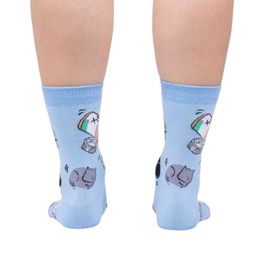 Close-up of the back of the light blue crew socks showcasing the cat and pill bottle design.