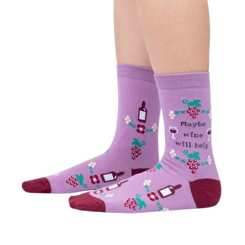 Lifestyle photo showcasing the 'Maybe Wine Will Help' socks on a person's legs.