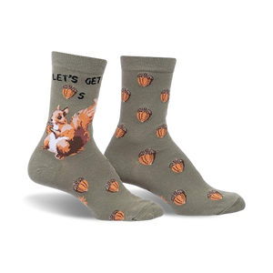 Crew socks in olive green with a playful squirrel design and acorn pattern. 'Let's Get Nuts' text is partially visible.