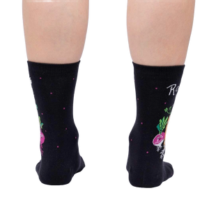 Rear view of a pair of 'Rooting For You' socks on a person's legs, highlighting the back design.