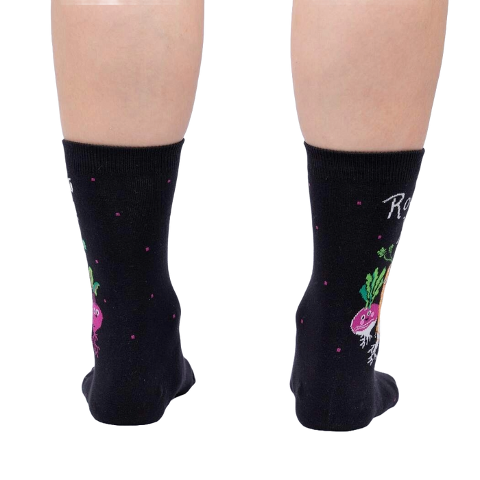 Rear view of a pair of 'Rooting For You' socks on a person's legs, highlighting the back design.