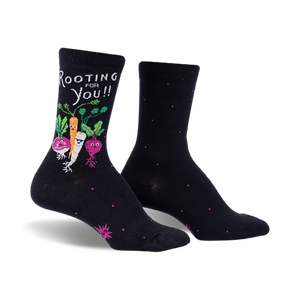 alt text: women's crew socks in black with pink polka dots and cartoon vegetables, including a carrot, beet, radish, and turnip, with the words 