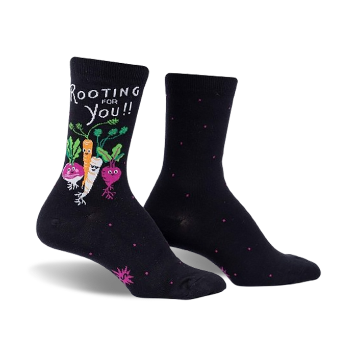 alt text: women's crew socks in black with pink polka dots and cartoon vegetables, including a carrot, beet, radish, and turnip, with the words 